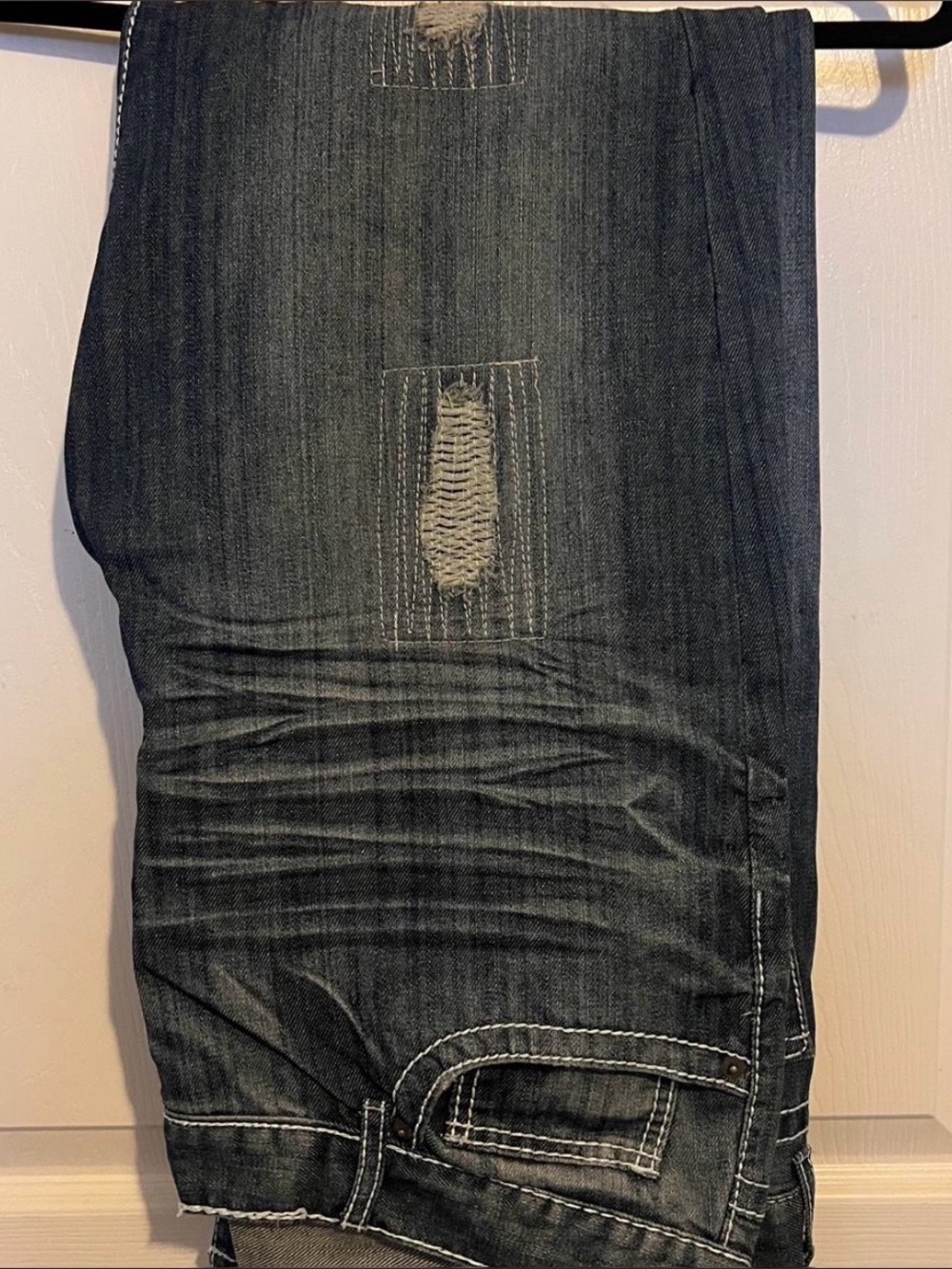 Black Men's Slim Straight Jeans in Dark Wash with Distressed Patch